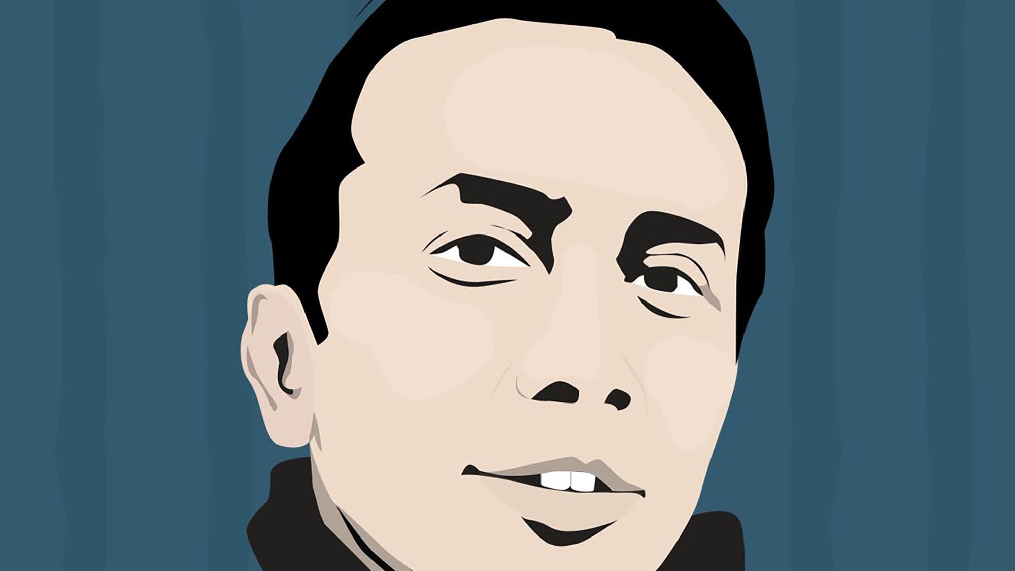 این تصویر یک تصویر وکتوری یا نقاشی دیجیتال است که چهره یک مرد را نشان میدهد. او دارای موهای تیره و کوتاه است و لبخند ملایمی بر لب دارد. زمینه تصویر به رنگ آبی تیره و با خطهای عمودی طراحی شده است، که باعث برجستهتر شدن چهره میشود. چهره به شکل ساده و کمجزئیات طراحی شده و توجه بیننده را به خود جلب میکند.