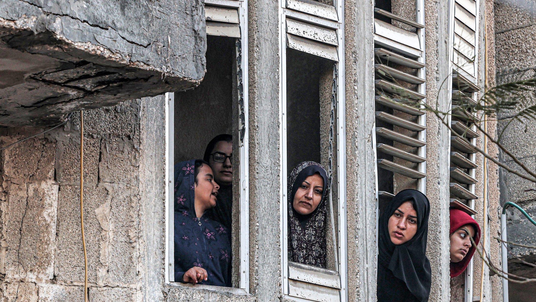 در این تصویر، تعدادی زن از پنجرههای یک ساختمان قدیمی و دارای نمایی خراب نگاه میکنند. آنها در حالتهای مختلفی قرار دارند و به نظر میرسد نگران یا کنجکاو هستند. پوشش آنها شامل چادر و روسری است که نشاندهنده فرهنگ خاصی است. فضای تصویر به طور کلی تلخ و پر از تنشهای اجتماعی به نظر میرسد.
