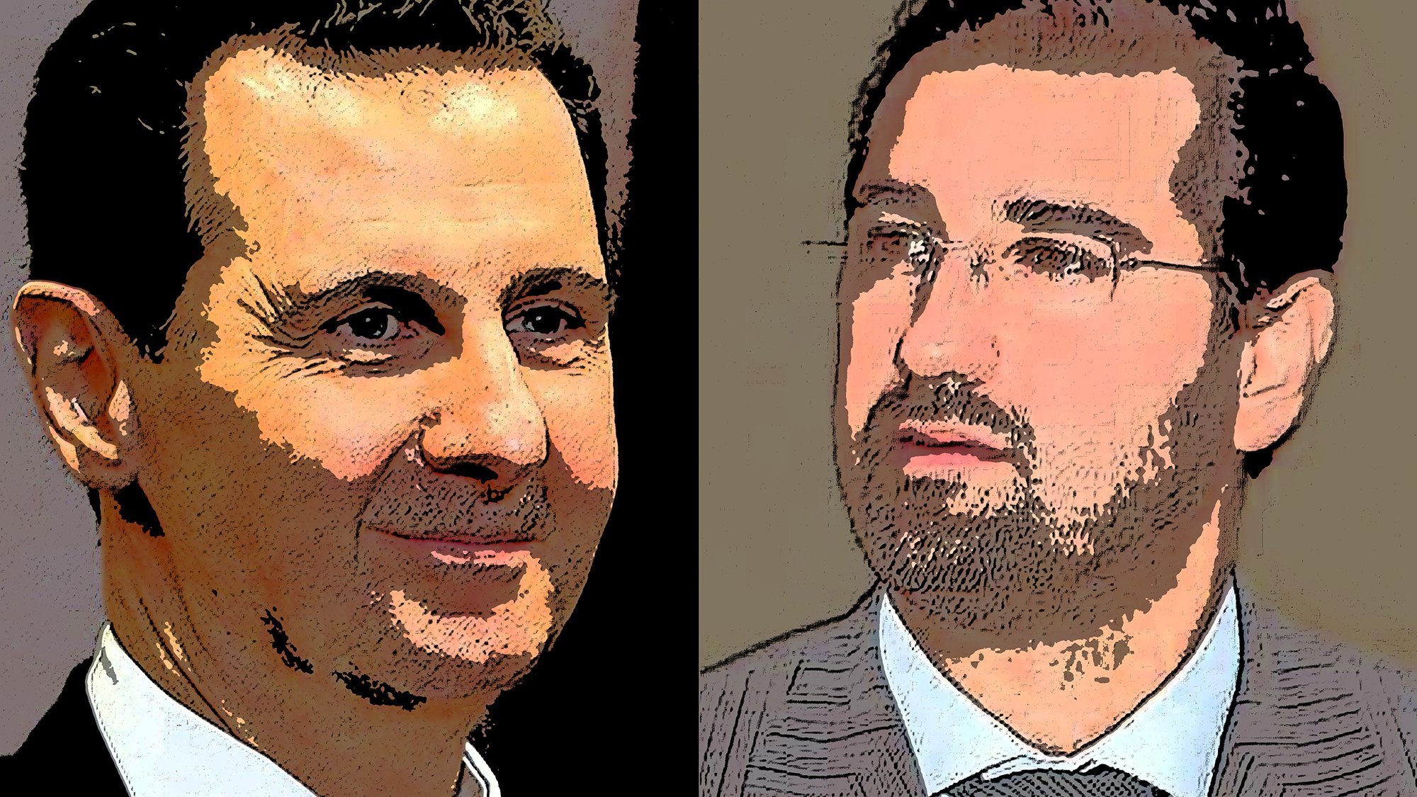 این تصویر دو مرد را به نمایش میگذارد که به صورت نیمرخ در کنار یکدیگر قرار دارند. هر دو مرد لباس رسمی پوشیدهاند و به دوربین نگاه میکنند. زمینه تصویر به صورت هنری و با رنگهای ملایم طراحی شده است. جزئیات صورتها به صورت کارتونی یا هنری نمایش داده شده و ویژگیهای چهره به وضوح دیده نمیشود.