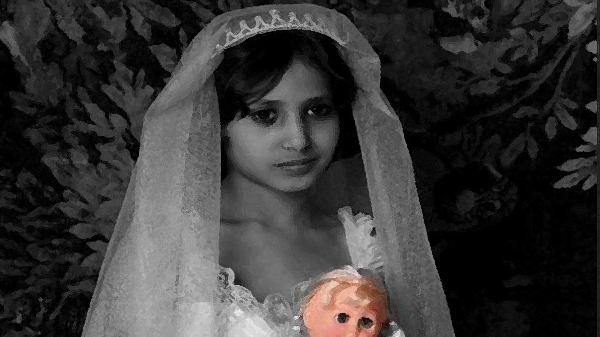 در این تصویر، دختری با لباس عروسی سفید دیده میشود. او یک تور سفید بر سر دارد و در دستانش یک عروسک حدوداً صورتیرنگ را نگه داشته است. چهرهاش حالتی ملایم دارد و به دوردست نگاه میکند. زمینه تصویر با نقوش گیاهی و تیرهتری تزئین شده که توجه را به خود جلب میکند. این ترکیب رنگی و حال و هوا حس نوستالژیک و بیگناهی را منتقل میکند.