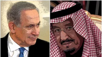 در این تصویر، دو شخصیت سیاسی قرار دارند. در سمت چپ، مردی با موهای روشن و لباس رسمی دیده میشود که به سمت راست نگاه میکند. در سمت راست، مردی با عمامه و لباس سنتی عربی نشسته است که به دوربین نگاه میکند. فضای کلی تصویر به صورت دو نفره و حالت چهرهها نشاندهنده تعامل یا گفتوگو بین آنها است.