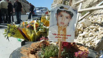 تصویر نشاندهنده یک یادبود است که به یاد یک کودک ساخته شده است. در مرکز تصویر، یک دسته گل بزرگ و زیبا قرار دارد و در کنار آن، تابلویی با عکس کودک وجود دارد که لباس خاصی به تن دارد و به تاریخ 16/2/2012 اشاره شده است. زمین اطراف یادبود با شن و گلهای رنگارنگ تزئین شده و در پسزمینه، تعدادی از افراد به نظر میرسد که در حال حضور در آن مکان هستند. تصویر احساسات عمیق و یادآوری را منتقل میکند.