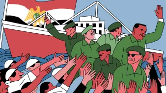 تصویر نشاندهنده یک صحنه تاریخی است که در آن گروهی از نظامیان به سمت جمعیتی برخوردار از لباسهای معمولی و سفید در حال حرکت هستند. نظامیان در Uniform سبز رنگ هستند و در حالی که به سمت جمعیت دست تکان میدهند، نشاندهنده ارتباط نزدیک میان آنها و مردم است. در پشت سر آنها، یک کشتی با پرچم مصر قابل مشاهده است. زمینه تصویر آبی است و حال و هوای جشن یا ابراز خوشحالی را القا میکند.