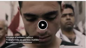 The image appears to depict a serious scene involving individuals in a somber context. It includes text in French that translates to: "A country of radiant children Transformed into mutilated puppets In dusty corpses." This suggests themes of loss, suffering, and possibly the impact of conflict or violence on children and society. The overall tone seems to convey a deep sense of sorrow and critique regarding the situation being referenced.