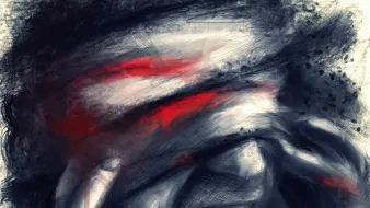 تصویر یک نقاشی انتزاعی است که در آن فردی با دستهای خود صورتش را گرفته و به نظر میرسد در حال فریاد زدن یا ابراز احساساتی شدید است. رنگها عمدتاً تیره هستند و با رنگهای قرمز و خاکستری ترکیب شدهاند. به کارگیری رنگها و براشهای نرم، حس تنش و ناامیدی را به خوبی منتقل میکند. این اثر حس قدرتمندی از احساسات درونی را به تصویر میکشد.