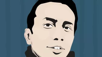 این تصویر یک تصویر وکتوری یا نقاشی دیجیتال است که چهره یک مرد را نشان میدهد. او دارای موهای تیره و کوتاه است و لبخند ملایمی بر لب دارد. زمینه تصویر به رنگ آبی تیره و با خطهای عمودی طراحی شده است، که باعث برجستهتر شدن چهره میشود. چهره به شکل ساده و کمجزئیات طراحی شده و توجه بیننده را به خود جلب میکند.