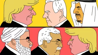 این تصویر شامل چهار شخصیت است که در دو ردیف قرار دارند. در ردیف بالا، چهرههای دو مرد به سمت یکدیگر نگاه میکنند، با پسزمینه زرد. یکی از آنها به طور خاص به نظر میرسد که شبیه به دونالد ترامپ باشد و دیگری ممکن است نماینده یک کشور عربی باشد. در ردیف پایین، دو شخصیت دیگر در مقابل یکدیگر قرار دارند، با پسزمینه قرمز. یکی از این شخصیتها شبیه به حسن روحانی است و دیگری ظاهراً یک مقام فلسطینی است. این تصویر به نوعی به تعاملات سیاسی و دیپلماتیک میان این شخصیتها اشاره دارد.