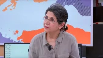 این تصویر فردی را نشان میدهد که در یک محیط خبری یا استودیو قرار دارد. او دارای موهای خاکستری و آرایش ساده است و عینک دارد. لباس او رسمی و به رنگ ملایم است. پسزمینه تصویر نقشهای از جهان یا بخشهایی از آن را نمایش میدهد که به نظر میرسد به موضوع خبر مربوط میشود. چهره این فرد نشاندهنده توجه و تمرکز است.