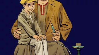 در این تصویر، مردی با کلاهی قرمز (فز) و لباس سنتی نشسته است. او در آغوشش پسری را دارد که لباس سادهتری به تن دارد و با ظاهری معصوم به نظر میرسد. مرد در حال سرو کردن قلیانی است که در کنار آنها قرار دارد. پسزمینه تصویر به رنگ سرمهای است که توجه بیننده را به شخصیتها جلب میکند. این تصویر به نوعی فرهنگ سنتی و اجتماعی را به نمایش میگذارد.