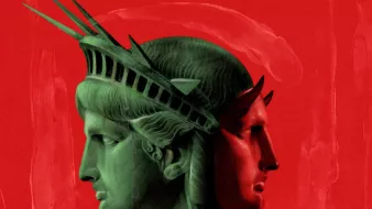 این تصویر نشاندهنده مجسمه آزادی است که به رنگهای سبز و قرمز طراحی شده است. مجسمه به صورت نیمرخ نمایش داده شده و دو نمای مختلف دارد. سمت چپ مجسمه به رنگ سبز است در حالی که سمت راست به رنگ قرمز است. پسزمینه تصویر نیز به رنگ قرمز است و کل ترکیب به طور هنری به نظر میرسد، که حس تضاد و جذابیت بصری را به تصویر میدهد.