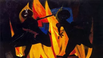 تصویر دو سیاهپوست در حال رقص در پسزمینه آتش، با حالتی شاداب و زنده نمایش داده شده است.