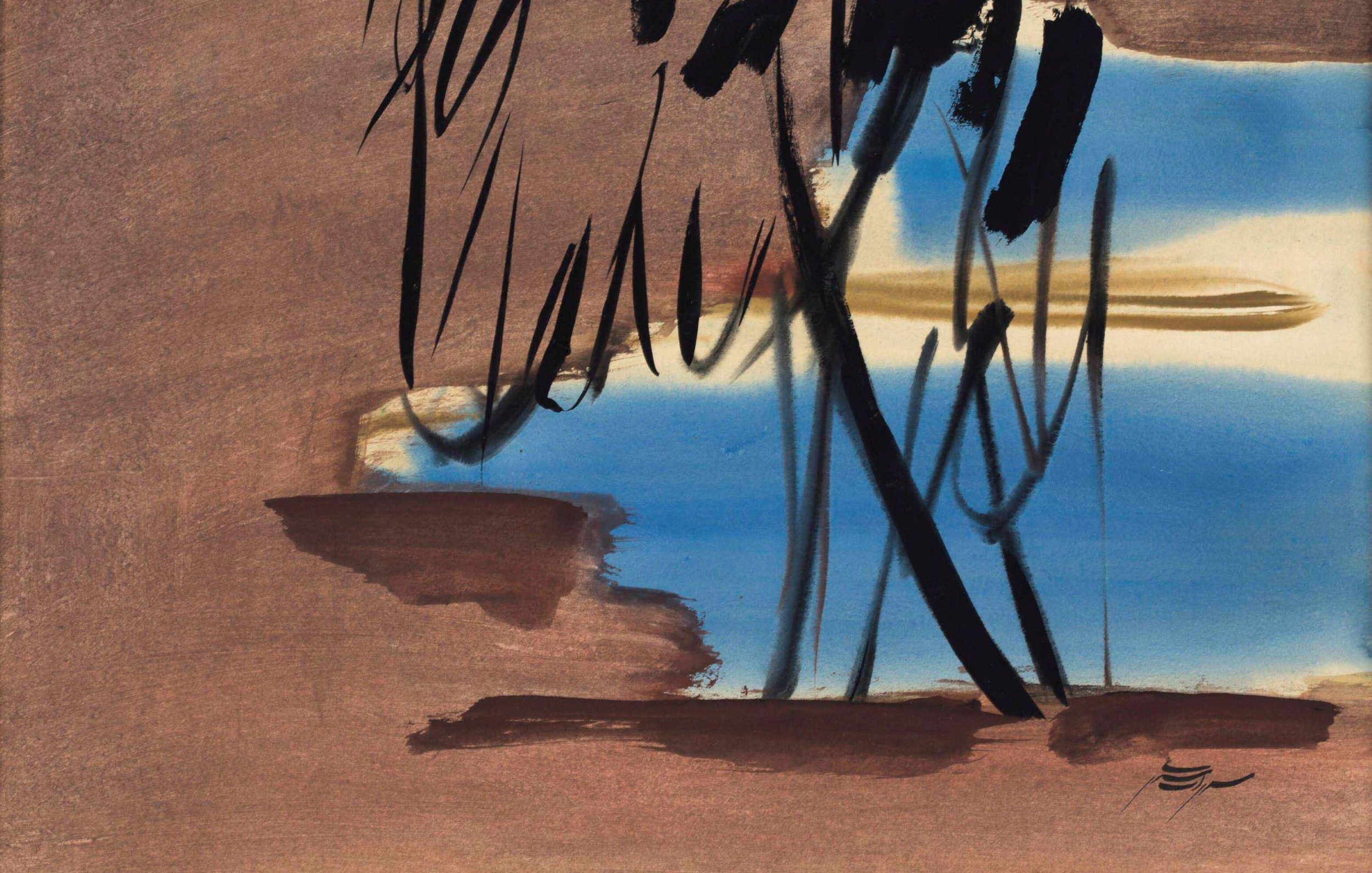 L'image présente une composition abstraite avec des coups de pinceau en noir et des couleurs terreuses, créant une atmosphère calme et contemplative. À l'arrière-plan, des nuances de bleu évoquent un ciel ou une étendue d'eau, tandis que des formes sombres et tourbillonnantes suggèrent des arbres ou une végétation. L'ensemble donne une sensation d'harmonie et d'équilibre entre les éléments naturels et l'abstraction artistique.