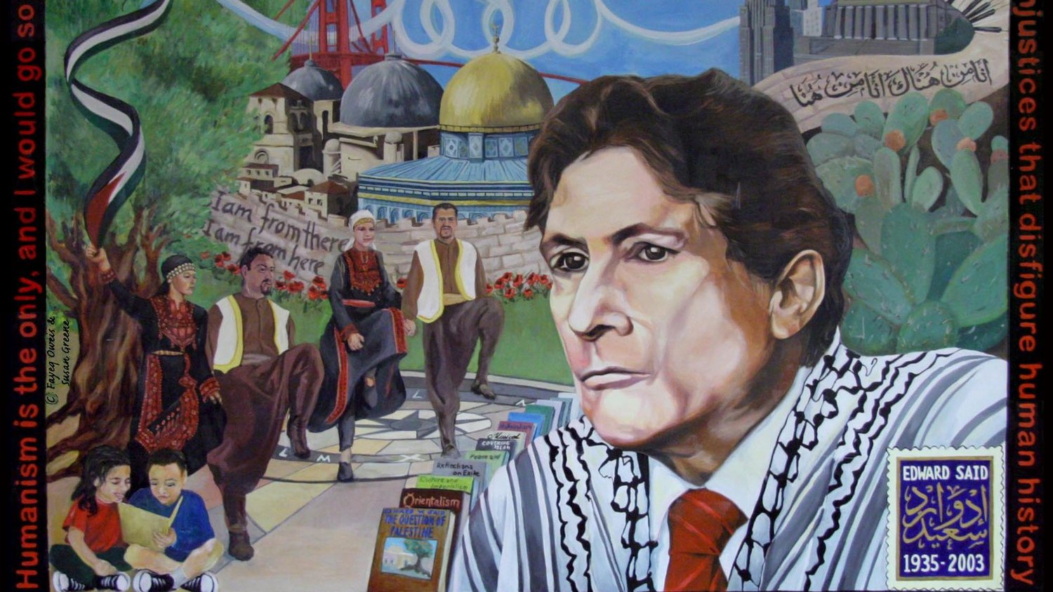 L'image présente une œuvre d'art qui combine divers éléments symboliques et culturels. Au centre, on peut voir un portrait d'homme avec une expression sérieuse, possiblement un intellectuel ou un militant. En arrière-plan, il y a des paysages emblématiques, tels que des bâtiments connus et des monuments. Des motifs et des écritures arabes enrichissent la composition, ajoutant de la profondeur culturelle. Le tout semble évoquer des thèmes liés aux droits de l'homme, à la résistance et à l'identité culturelle. Des figures humaines en costume traditionnel ajoutent une dimension historique à l'ensemble.