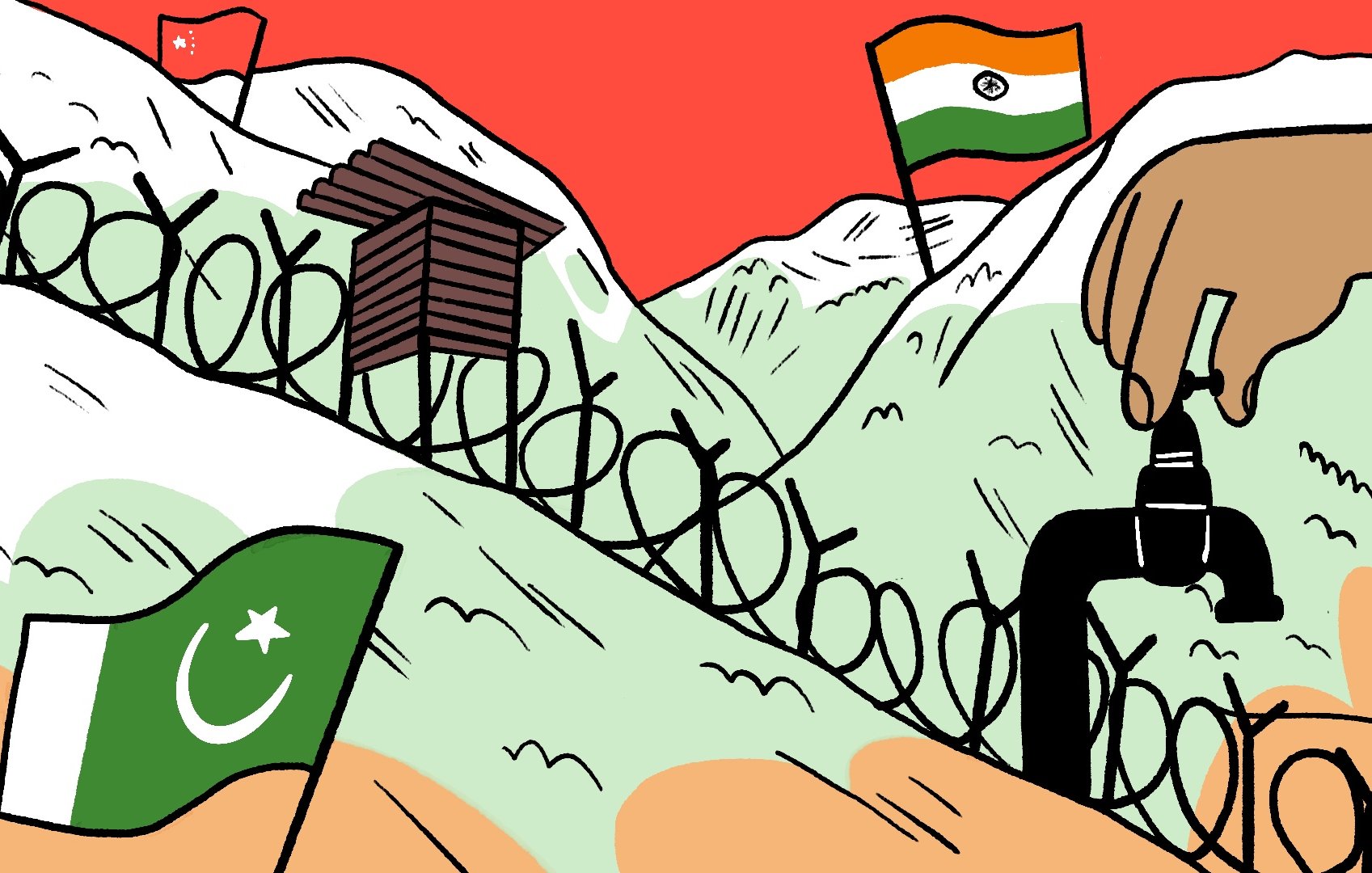 Des montagnes avec des drapeaux, un robinet et des barbelés.