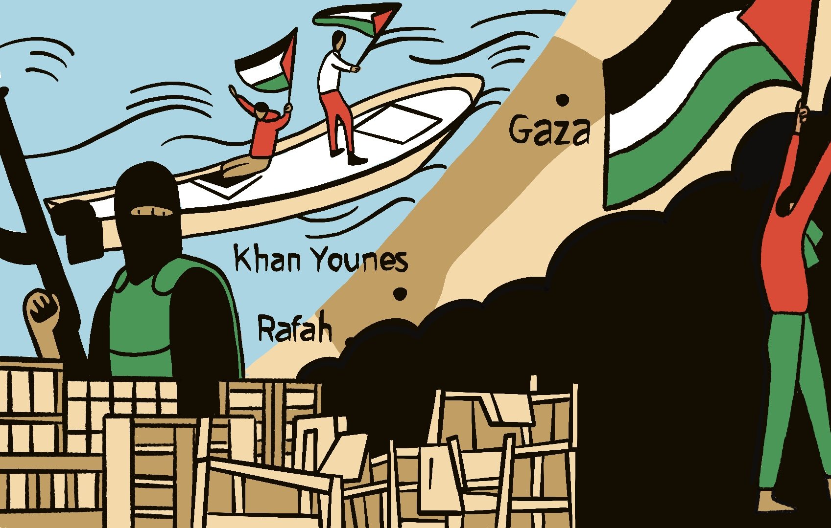 L'image illustre une scène symbolique représentant la région de Gaza. Sur la gauche, un personnage armé est visible, évoquant une atmosphère de tension. Au centre, deux personnes sur un bateau brandissent des drapeaux palestiniens, exprimant une forme de résistance ou de célébration. À droite, des silhouettes se découpent contre un fond sombre, tandis qu'un drapeau est levé en signe de protestation ou de solidarité. Les lieux mentionnés, Khan Younes et Rafah, sont situés dans la bande de Gaza, ancrant ainsi l'image dans un contexte géopolitique spécifique.
