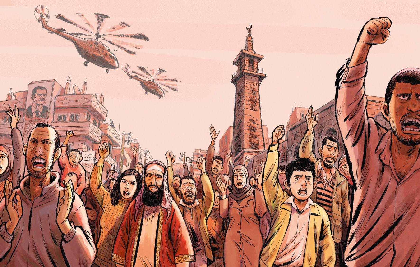 L'image représente une scène de protestation animée. Une foule diverse, composée d'hommes, de femmes et d'enfants, exprime des émotions intenses avec les bras levés et des expressions faciales déterminées. En arrière-plan, on peut voir des hélicoptères survolant la zone. Des bâtiments et des monuments sont visibles, suggérant un cadre urbain. L'atmosphère est chargée d'énergie et de dynamisme, reflétant un moment de mobilisation collective.