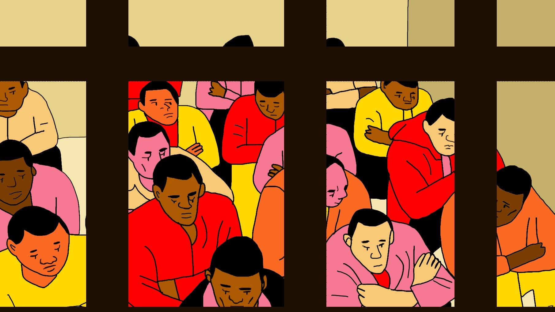 L'image montre un groupe de personnes assises à l'intérieur d'une pièce, vues à travers une fenêtre. Les individus sont vêtus de vêtements de différentes couleurs, principalement du rouge, du jaune et du rose. Ils semblent pensifs et concentrés, certains avec les bras croisés, ce qui transmet une atmosphère de réflexion ou de tension. Les murs derrière eux sont de couleur claire, contrastant avec leurs vêtements colorés. L'ensemble de la composition évoque une certaine mélancolie ou une situation de confinement.