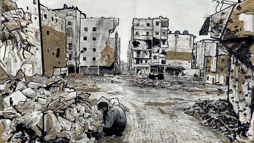 L'image montre une scène de destruction urbaine. On aperçoit des bâtiments en ruine, avec des débris éparpillés sur le sol. Au premier plan, une personne semble s'accroupir, probablement en train de réfléchir ou de chercher quelque chose parmi les décombres. Le paysage est plongé dans une ambiance morose, évoquant des thèmes de perte et de désolation. Les couleurs sont plutôt ternes, accentuant le caractère triste et abandonné de cet environnement.