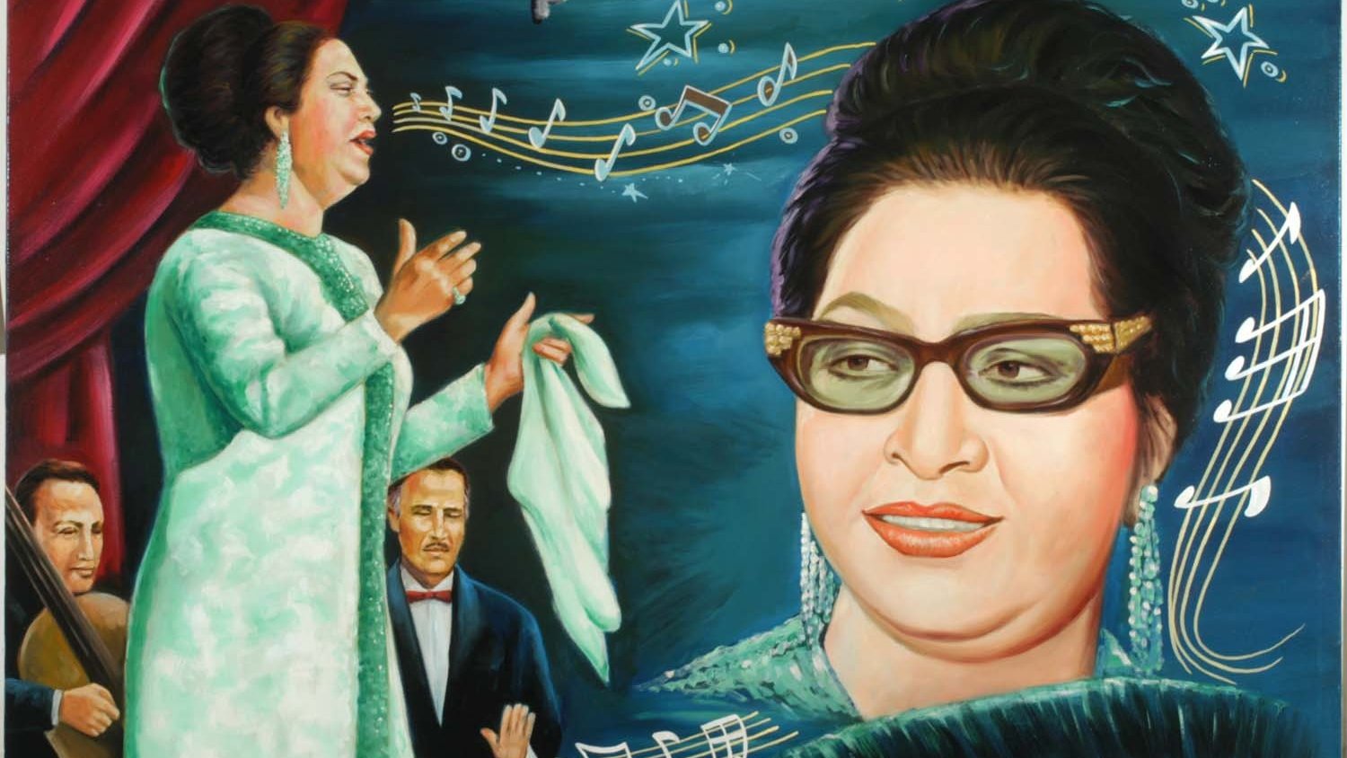 L'image représente une peinture mettant en avant une chanteuse sur scène, vêtue d'une robe élégante et tenant un mouchoir. Elle est accompagnée de musiciens en arrière-plan, créant une atmosphère musicale. Au-dessus d'elle, des notes de musique et des étoiles ajoutent une touche dynamique à la composition. Un portrait d'une femme avec des lunettes stylées est également présent, suggérant une connexion entre deux moments ou deux personnalités artistiques. L'ensemble dégage une ambiance festive et artistique.