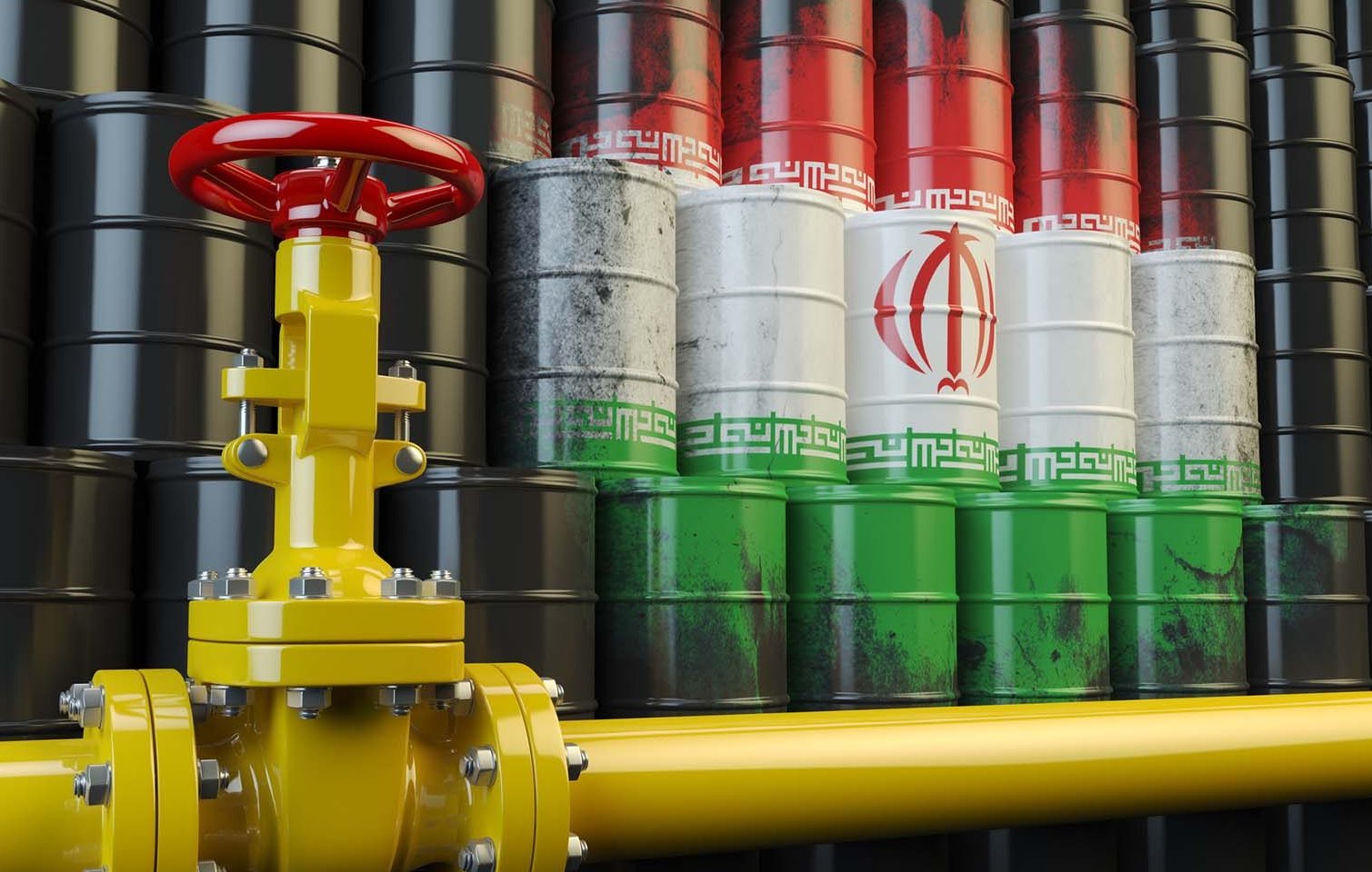 L'image représente un environnement industriel avec des fûts de pétrole disposés en arrière-plan. Les fûts arborent les couleurs du drapeau iranien : rouge, blanc et vert, ainsi que le symbole de l'Iran. À l'avant, il y a une vanne jaune qui semble être une partie d'un système de tuyauterie, probablement reliée à des opérations de transport ou de distribution de pétrole. L'ensemble évoque des thèmes liés à l'industrie pétrolière, en particulier en relation avec l'Iran.