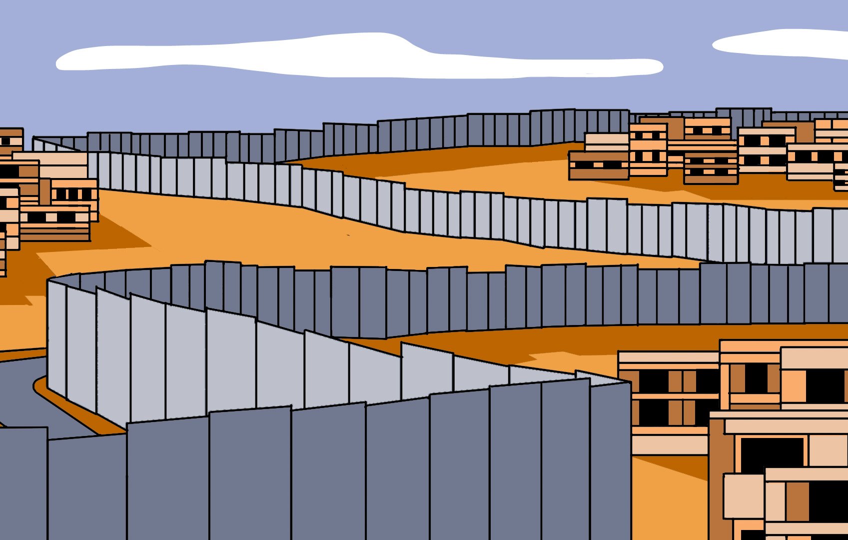 L'image représente un paysage urbain stylisé, avec des bâtiments modernes disposés de manière structurée. On peut voir des murs ou des clôtures qui forment des délimitations, créant un aspect labyrinthe dans la composition. Le sol est de couleur ocre, tandis que le ciel présente des nuages blancs sur fond bleu. L'ensemble donne une impression de séparation et d'organisation dans l'environnement.