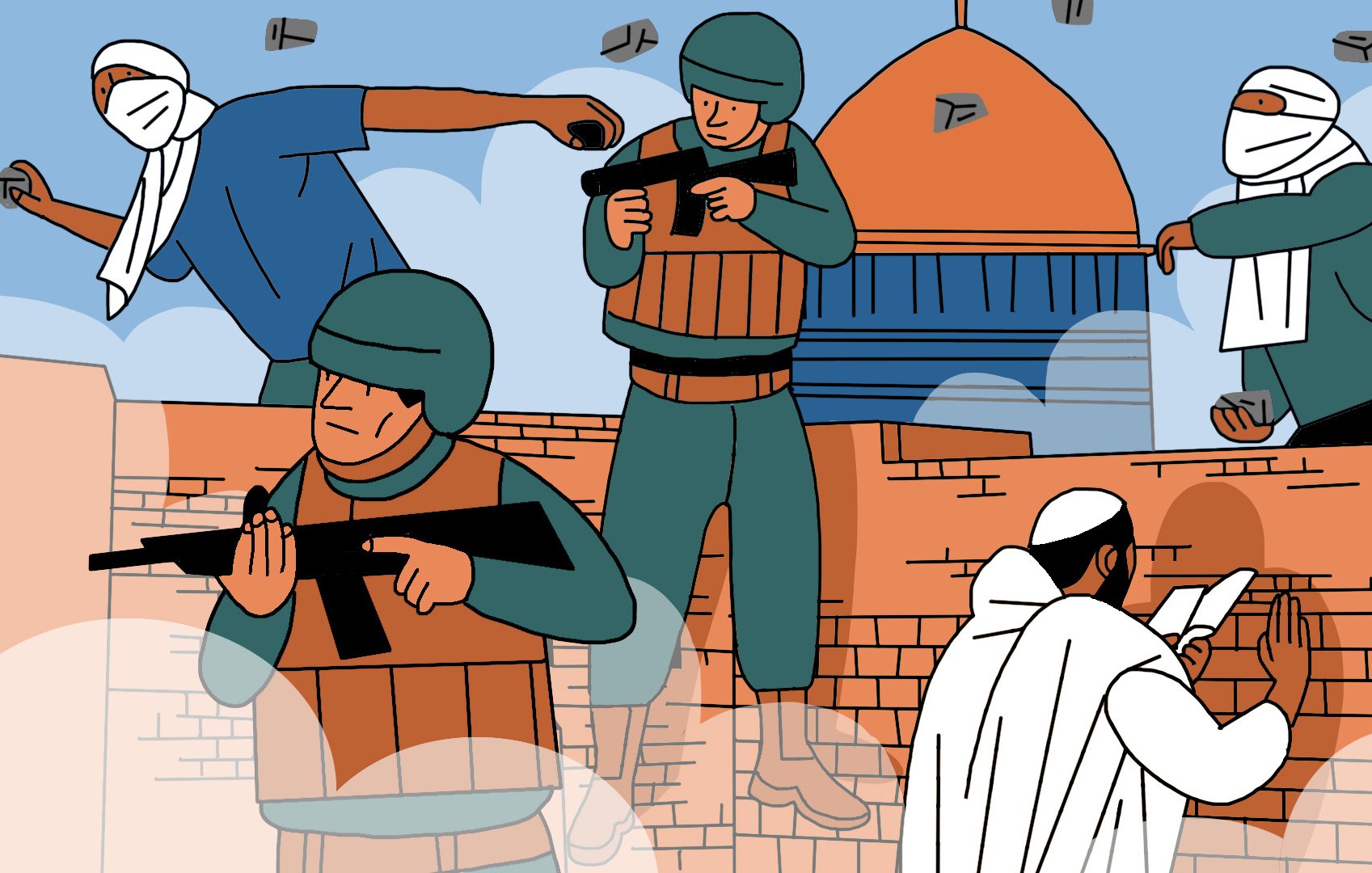 L'image représente une scène de conflit avec des personnages portant des casques et des vêtements militaires, certains tenant des armes, tandis que d'autres semblent préparer ou lancer des projectiles. En arrière-plan, on distingue un bâtiment avec un dôme. L'atmosphère est dynamique, illustrant une situation tendue et chaotique. Les personnages semblent engagés dans une confrontation, soulignant des thèmes de lutte et de résistance.