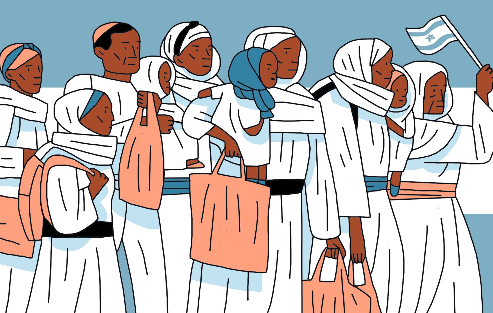 L'image représente un groupe de personnes vêtues de vêtements traditionnels, principalement en blanc, avec des accents colorés. Certaines femmes portent des foulards et des sacs. Le groupe semble se rassembler autour d'un événement, avec une personne tenant un drapeau. L'atmosphère dégage un sentiment de communauté et de solidarité. Le fond est sobre, ajoutant à la concentration sur les personnages.