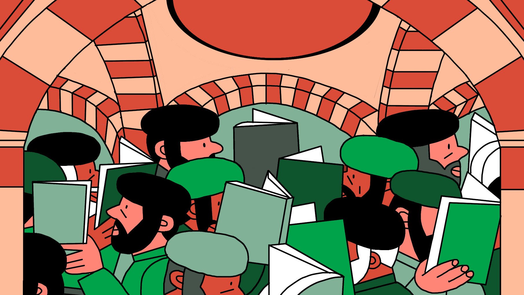 L'image représente un groupe de personnes se tenant sous une arcade. Elles portent des chapeaux et des vêtements de couleur verte, et certaines semblent porter des livres ouverts. Les personnages ont des expressions concentrées, comme s'ils étaient absorbés par leur lecture. L'architecture en arrière-plan présente des motifs en briques, créant une ambiance chaleureuse et accueillante.