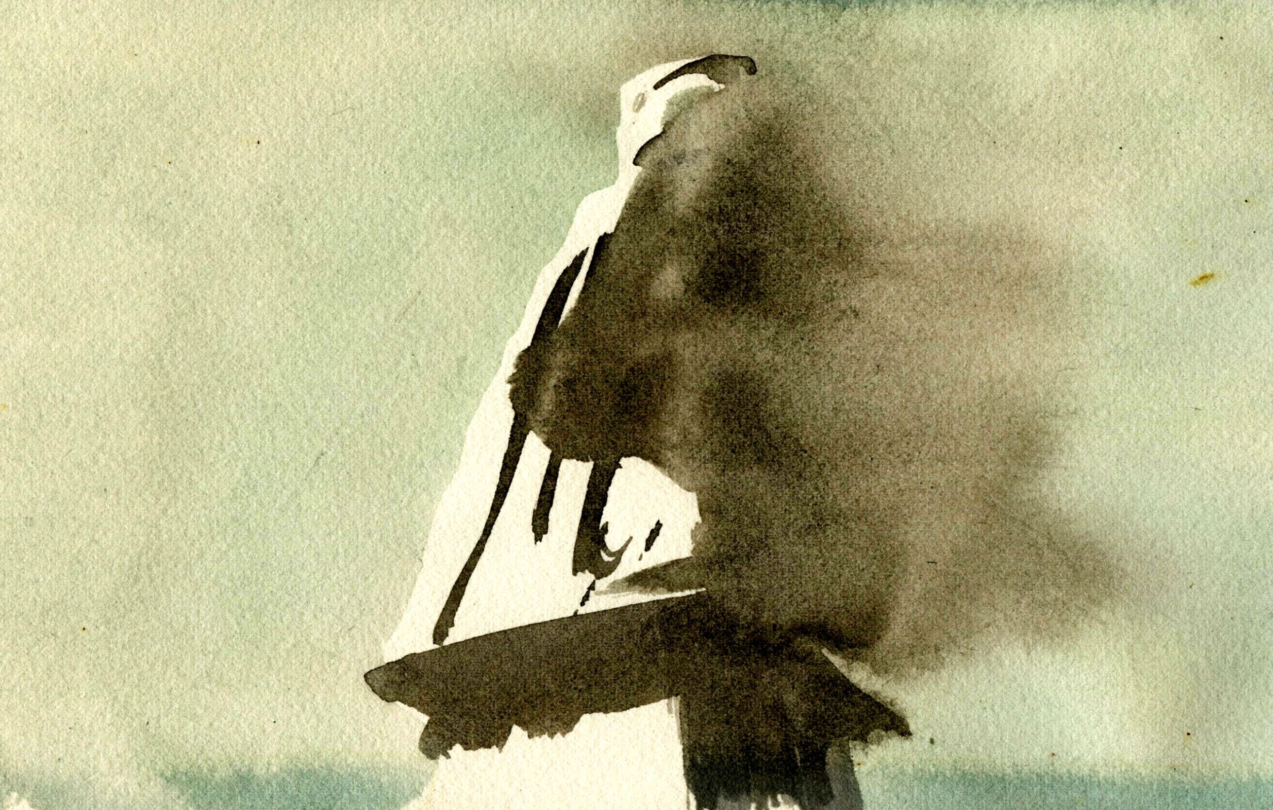 L'image présente un paysage abstrait exécuté dans un style aquarelle. On peut voir des nuances de vert et de beige sur un fond pâle. Des formes sombres et floues émergent, évoquant peut-être une silhouette ou un objet. Les coups de pinceau sont fluides, créant une atmosphère de mystère et de douceur. L'ensemble donne une impression de calme et d'abstraction.