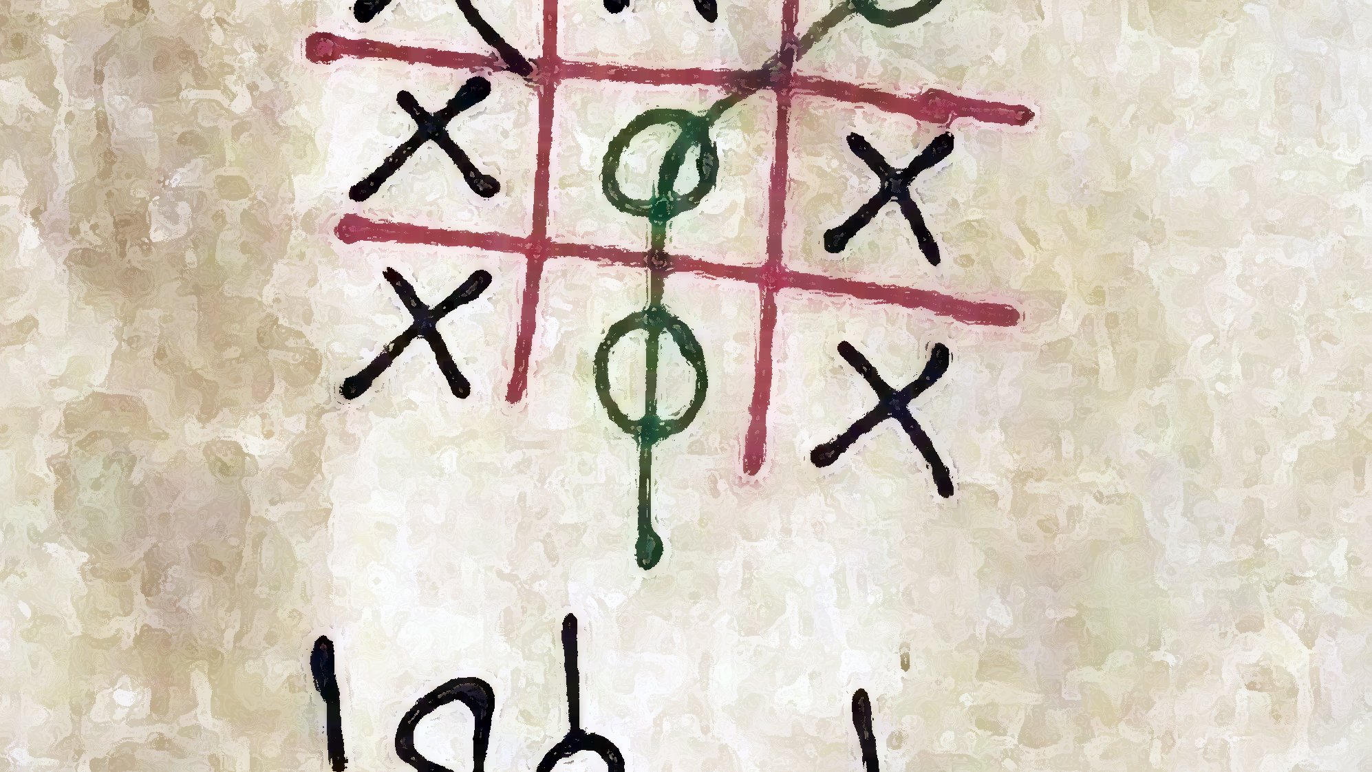 L'image représente une grille de jeu de "Tic-Tac-Toe" (ou " puissance 4") dessinée sur un fond beige. Les symboles X et O sont disposés dans la grille, où des X sont en position dominante, et une victoire pour O est indiquée par un trait qui traverse les trois cercles. En dessous, il y a des inscriptions en arabe qui semblent exprimer une phrase ou une exclamation.