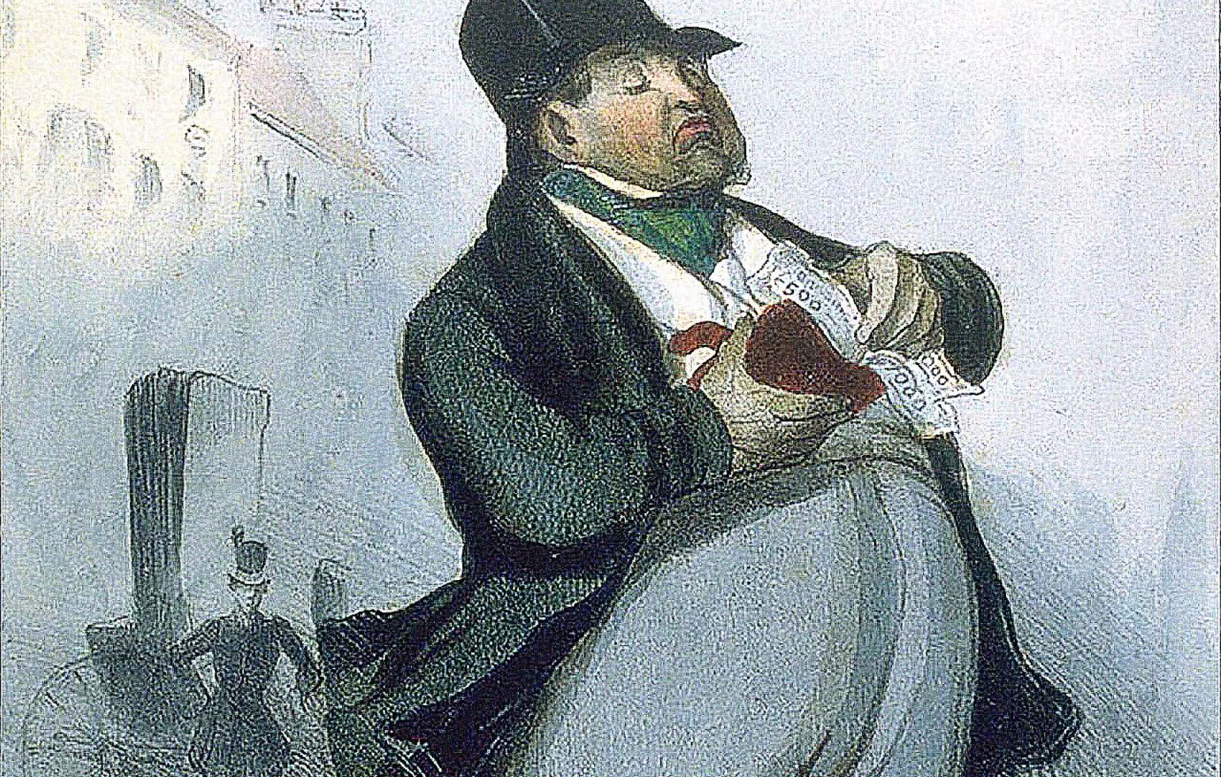 L'image représente une caricature d'un homme corpulent, habillé avec un chapeau haut de forme et un long manteau noir. Il se tient debout, avec une posture confiante, et semble porter un cœur rouge dans ses mains. Le fond suggère une ambiance urbaine, avec des silhouettes de voitures à cheval et d'autres personnages flous. La palette de couleurs est douce, avec des teintes pastel qui donnent une touche légère et humoristique à la scène. La caricature exagère les traits de l'homme, accentuant son tour de taille et sa démarche, ce qui renforce l'effet comique de l'image.