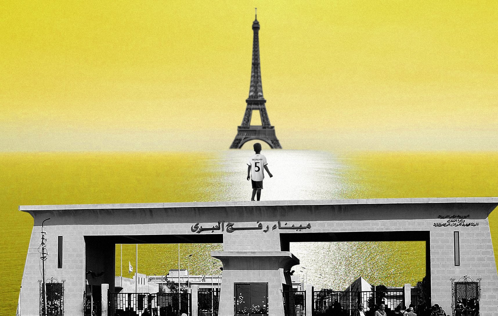 L'image présente un paysage surréaliste avec une silhouette centrale d'un individu se tenant sur un quai ou une plateforme décorée. En arrière-plan, on distingue la célèbre Tour Eiffel, qui semble flotter au-dessus d'une étendue d'eau, le tout sur un fond jaune éclatant. La composition crée un contraste entre les éléments architecturaux et le ciel, évoquant une atmosphère de rêve ou d'imaginaire. Les détails spécifiques autour de la silhouette ajoutent à la profondeur de l'image, tout en attirant l'attention sur le personnage au premier plan.