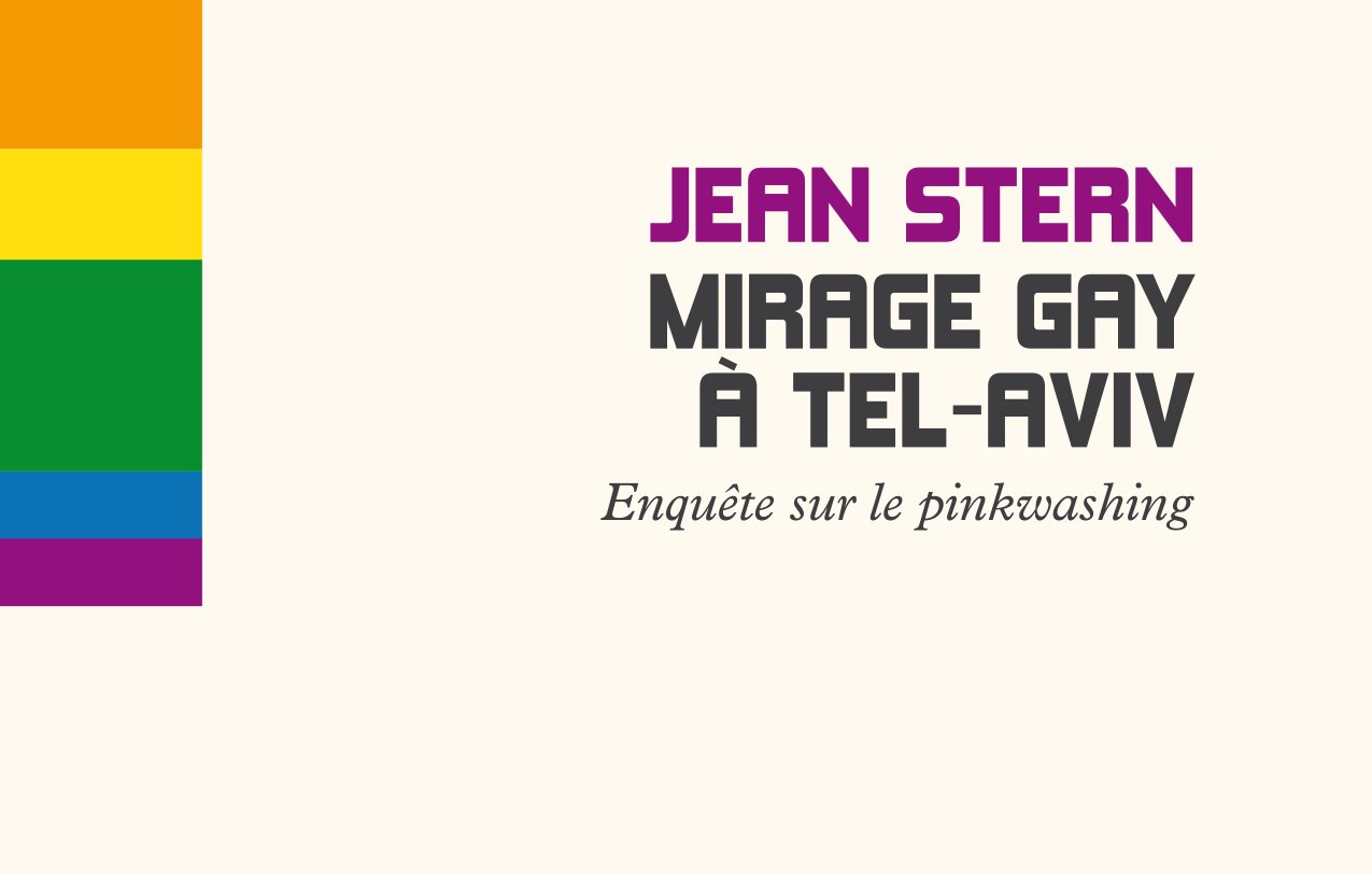 Couverture de livre : titre en haut, drapeau arc-en-ciel sur le côté, fond clair.
