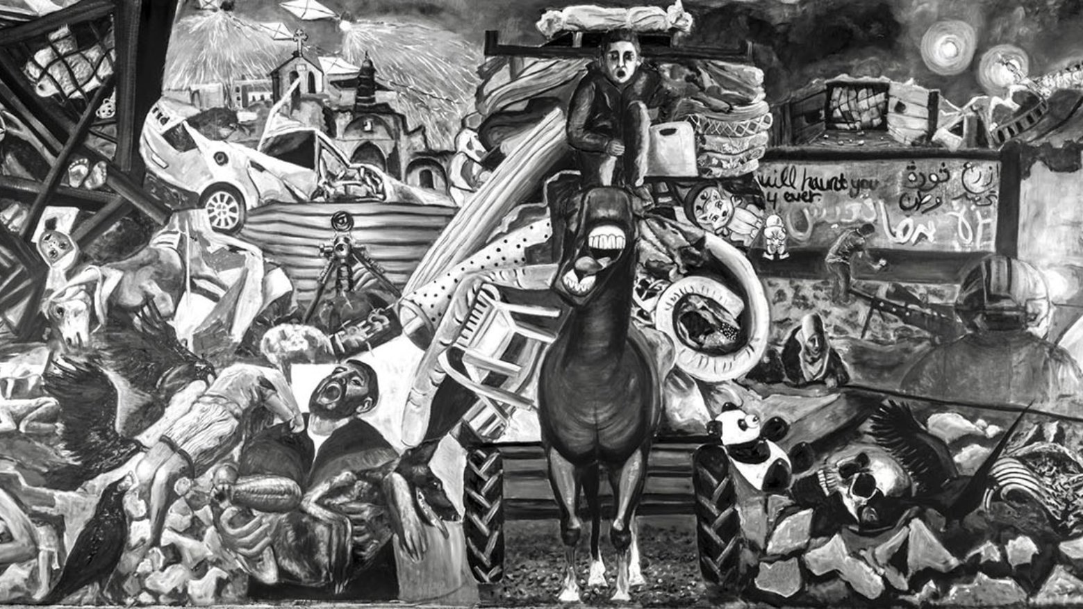 L'image semble représenter une scène complexe et dynamique, dominée par un mélange d'éléments figuratifs et symboliques. Au centre, on peut voir un cheval, qui attire l'attention par sa posture. Autour de lui, il y a une multitude d'objets et de personnages, créant une sorte de chaos visuel. Les formes sont stylisées en noir et blanc, ce qui accentue le contraste et l'intensité de l'œuvre. L'environnement présente des débris, des bâtiments, et des figures humaines, suggérant des thèmes de lutte, de destruction ou de désolation. Les détails montrent des éléments de la vie quotidienne, probablement en lien avec des conflits ou des bouleversements sociaux. L'ensemble de la composition pourrait évoquer des réflexions sur la condition humaine, l'impact de la guerre ou des crises, tout en mettant en avant la résilience symbolisée par le cheval.