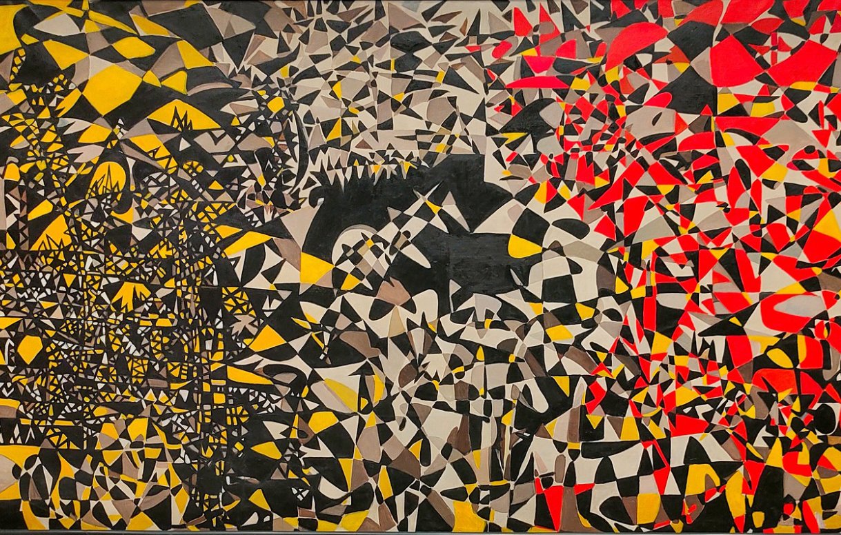Cette image semble être une œuvre d'art abstrait. On y retrouve des formes géométriques variées, principalement en noir, blanc, jaune et rouge. Le côté gauche présente des motifs plus chaotiques et complexes, tandis que le côté droit est plus vibrant avec des formes rouges et des motifs ondulés. La composition donne une impression dynamique et énergique, jouant sur les contrastes de couleur et de forme.