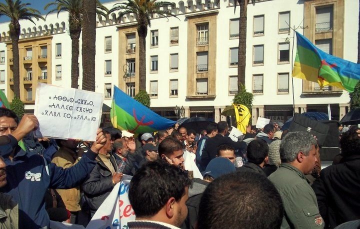 L'image montre une foule rassemblée lors d'une manifestation en plein air. On peut voir des gens tenant des pancartes et des drapeaux, dont certains affichent des couleurs vives, probablement liés à un mouvement culturel ou politique. Les bâtiments en arrière-plan semblent typiques d'un milieu urbain. L'ambiance semble être dynamique et engagée, reflétant les préoccupations des manifestants.