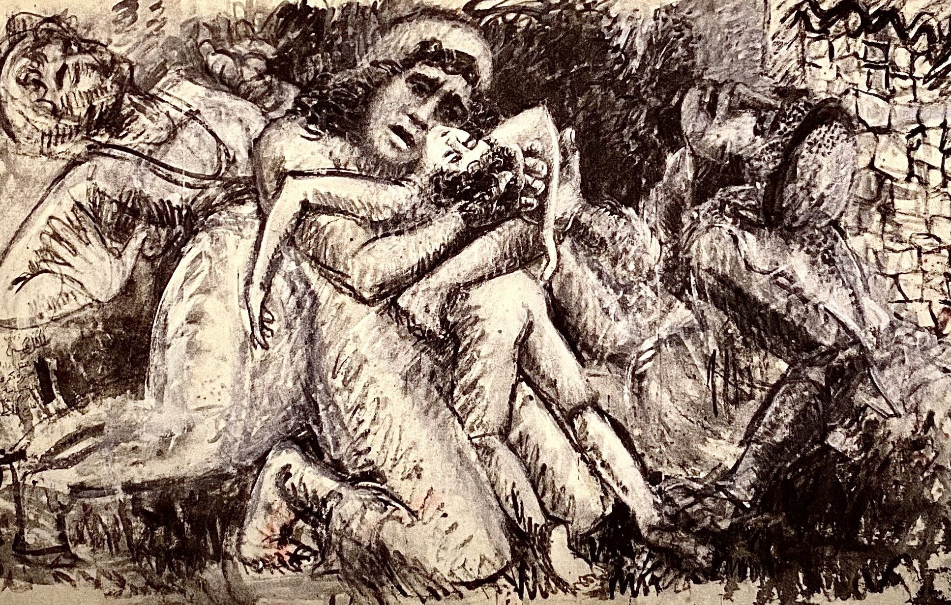 L'image présente une scène profondément expressive et émotive, où plusieurs figures humaines sont représentées dans des poses désespérées. Les personnages semblent en détresse, certains se tenant les uns les autres, tandis que d'autres sont recroquevillés dans des attitudes de douleur ou de vulnérabilité. Les traits sont marqués par l'angoisse, et l'utilisation des ombres et des lignes dynamiques accentue l'intensité émotionnelle de la composition. Les couleurs sombres dominent, créant une atmosphère lourde, presque tragique. Cette œuvre invite à réfléchir sur des thèmes difficiles, tels que la souffrance et la lutte.