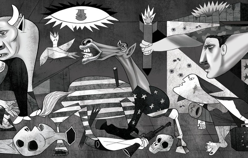 Cette image évoque des thèmes de guerre et de souffrance, probablement inspirée par des événements tragiques. On y voit des figures stylisées et abstraites, représentant des émotions intenses comme la douleur et la peur. Les animaux, comme un cheval et un taureau, sont présentés de manière dramatique, tandis que des formes humaines expriment des expressions marquées. La palette de couleurs en noir, blanc et gris accentue le caractère sombre de l'œuvre. L'ensemble crée une atmosphère oppressante, invitant à la réflexion sur les conséquences de la violence.