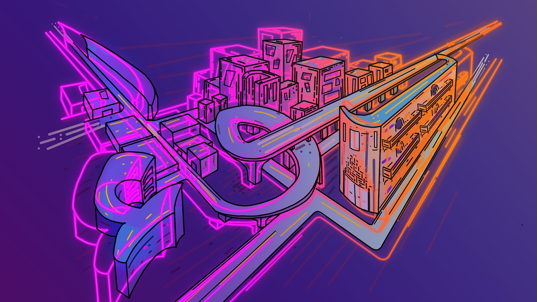 L'image présente un design graphique stylisé et coloré, avec des nuances de rose, bleu et orange. On y voit une représentation abstraite d'une ville, avec des bâtiments aux formes géométriques et un chemin qui serpente à travers le paysage urbain. Les lignes sont dynamiques et donnent une impression de mouvement, tandis que les couleurs vives ajoutent une touche futuriste et vibrante à l'ensemble. Le fond est dégradé, accentuant l'effet moderne de la composition.