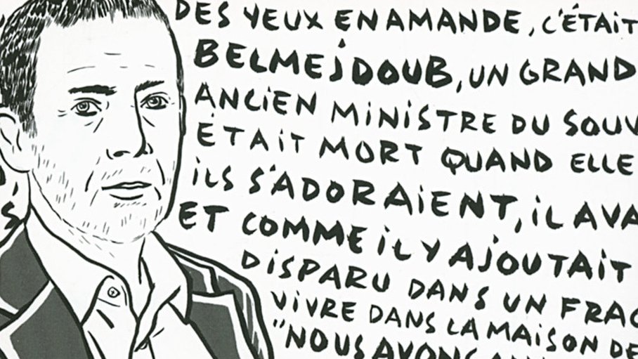 L'image montre un portrait en noir et blanc d'un homme, avec un style graphique qui donne un aspect de dessin. En arrière-plan, des mots ou phrases sont inscrits, évoquant une histoire ou une narration, probablement liée à des événements passés. Le texte mentionne un nom, "Belméjdoub," ainsi qu'une référence à un ancien ministre et à des thèmes de disparitions et de vies partagées. L'ensemble crée une atmosphère de réflexion sur des souvenirs marquants ou des récits personnels, avec un accent sur la mémoire et l'identité.