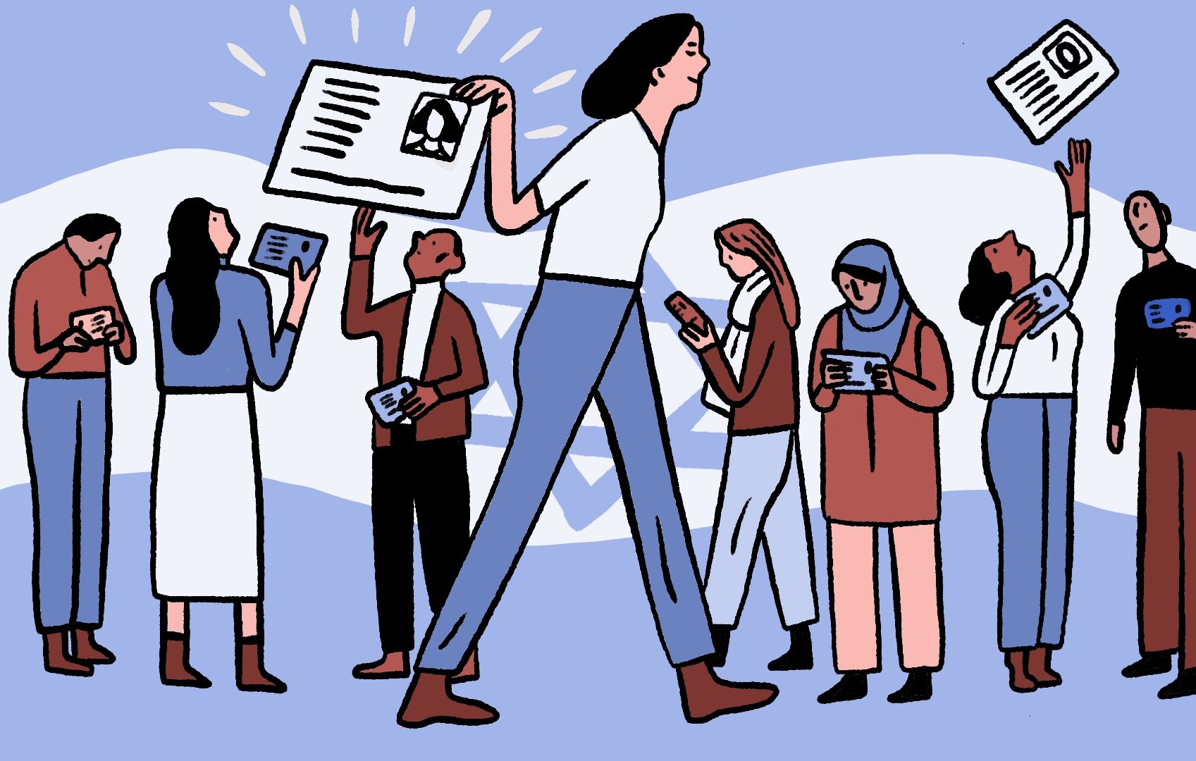 L'image représente un groupe de personnes dans un style graphique illustratif. Au centre, une femme de grande taille marche avec une affiche ou un document à la main. Autour d'elle, plusieurs personnes, d'origines et de styles variés, semblent interagir avec des appareils mobiles tout en observant ou en tenant d'autres documents. L'arrière-plan est en bleu clair avec des motifs géométriques qui créent une atmosphère dynamique. L'ensemble évoque une scène de partage d'information ou de communication.