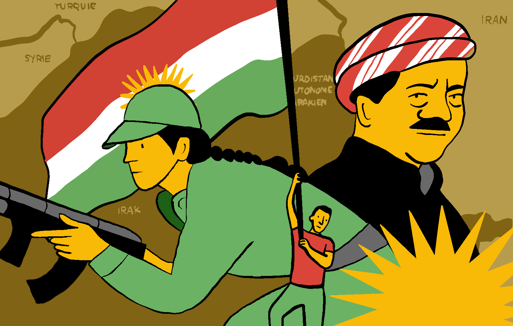 L'image représente des figures symboliques liées au peuple kurde. On y voit une personne en uniforme militaire portant un drapeau kurde, ainsi qu'une autre figure plus en arrière-plan. La scène est stylisée, avec une carte des régions kurdes en arrière-plan, indiquant des pays comme la Syrie, l'Irak, la Turquie et l'Iran. Les couleurs sont vives et l'ensemble évoque un sentiment de fierté nationale et de résistance.