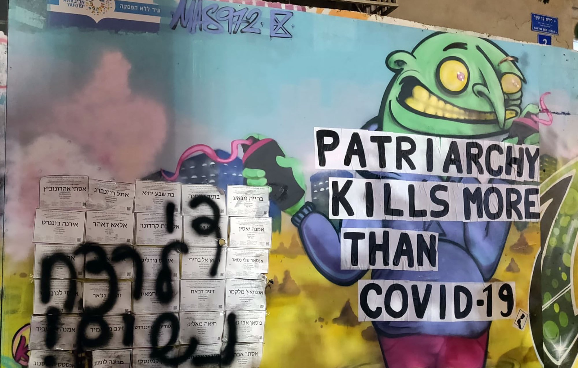 L'image représente une fresque murale colorée et expressive. On y voit un personnage caricatural avec une tête de monstre qui semble joyeux, tenant une pancarte sur laquelle il est écrit "PATRIARCHY KILLS MORE THAN COVID-19". À côté, il y a un graffiti en noir qui semble être écrit dans une autre langue. L'ensemble de l'œuvre rassemble des éléments de critique sociale et politique, mêlant humour et un message sérieux sur le patriarcat et la pandémie.