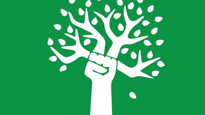 L'image présente un symbole simplifié d'un arbre dont le tronc se termine par un poing levé, ce qui évoque des thèmes de résistance et de lutte. Les branches de l'arbre sont stylisées et dispersent des feuilles, ce qui peut symboliser la vie et le mouvement. Le fond est d'un vert vif, et deux hashtags sont affichés en bas : #direngeziparki et #occupygezi, qui font référence au mouvement de protestation Gezi Park à Istanbul. L'ensemble de l'image véhicule un message d'engagement et de solidarité.