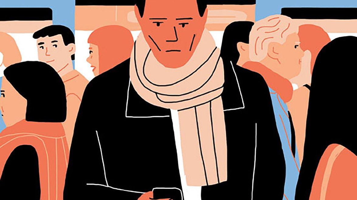 L'image montre une scène animée d'un métro ou d'un train, remplie de passagers. Au premier plan, un homme se tient debout, absorbé par son téléphone, portant un manteau noir et une écharpe claire. Autour de lui, plusieurs personnes sont visibles, certaines regardant dans sa direction, d'autres engagées dans leurs propres activités. Les personnages sont stylisés avec des traits simples et des couleurs vives, créant une atmosphère moderne et dynamique. L'ensemble de la scène évoque une ambiance urbaine et quotidienne.