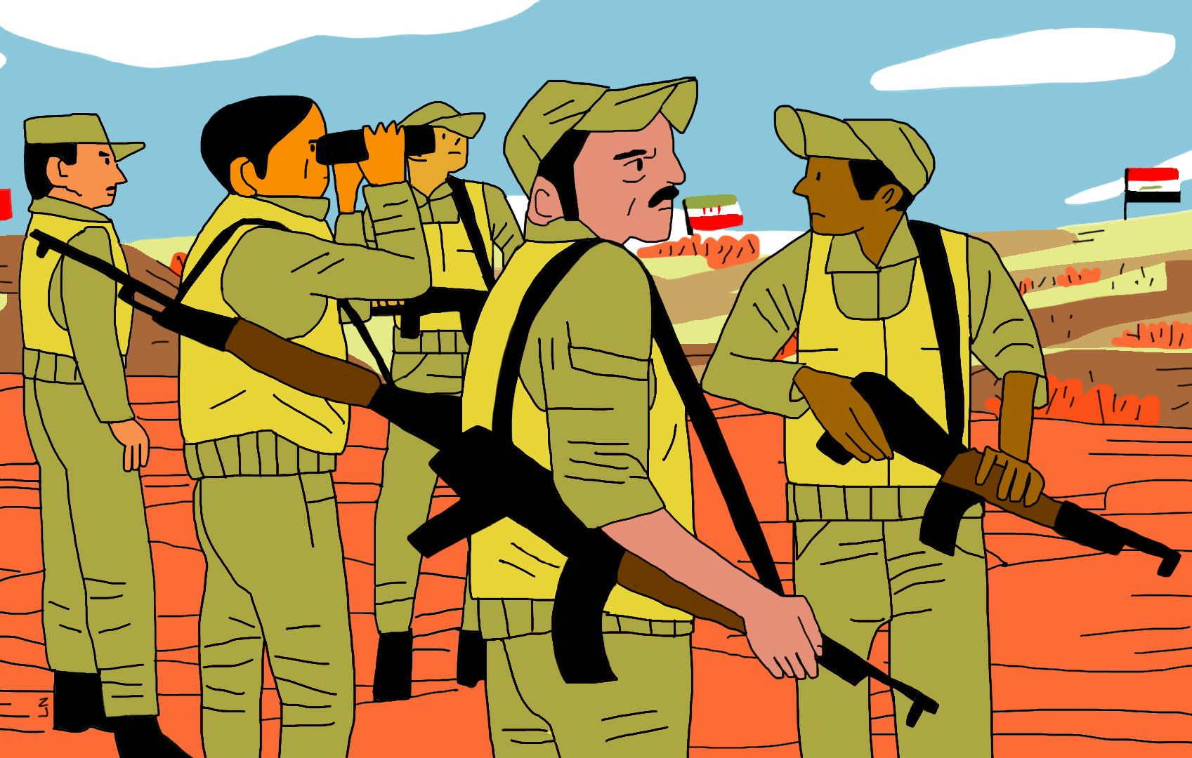 L'image montre un groupe de six soldats vêtus de tenues militaires de couleur beige, se tenant dans un paysage désertique. Certains d'entre eux portent des fusils et semblent vigilants, en train d'observer les environs. À l'arrière-plan, des drapeaux de la Turquie et d'un autre pays sont visible, ajoutant un contexte géopolitique à la scène. Le ciel est bleu avec quelques nuages, et le sol est rougeâtre,Characteristic of un paysage aride. L'ambiance semble sérieuse, indiquant une situation potentiellement tendue.