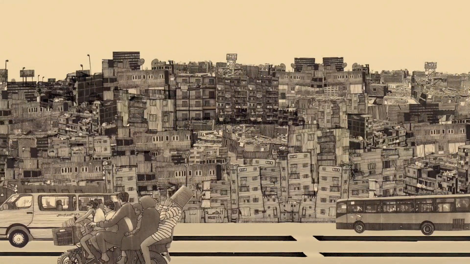 L'image représente une scène urbaine stylisée, montrant une ville dense avec de nombreux bâtiments superposés. En premier plan, on voit des personnages en mouvement, probablement des cyclistes ou des piétons, interagissant entre eux. Le fond est constitué de plusieurs étages de constructions, illustrant un paysage urbain chaotique mais vivant, avec des lignes et des formes géométriques qui se mêlent. Les couleurs sont plutôt monochromes, ce qui donne une ambiance nostalgique et artistique à l'ensemble.