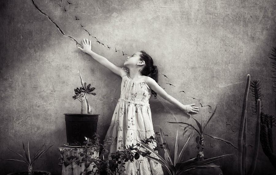 L'image représente une petite fille dans une robe blanche, se tenant debout devant un mur texturé. Elle est en train de tendre les bras, comme si elle essayait d'attraper quelque chose au-dessus d'elle. On peut voir une série d'oiseaux en vol dessinée sur le mur, créant un effet de mouvement. À ses pieds, il y a des plantes en pot qui ajoutent une touche naturelle à la scène. La photographie est en noir et blanc, ce qui lui donne une atmosphère à la fois rêveuse et nostalgique.