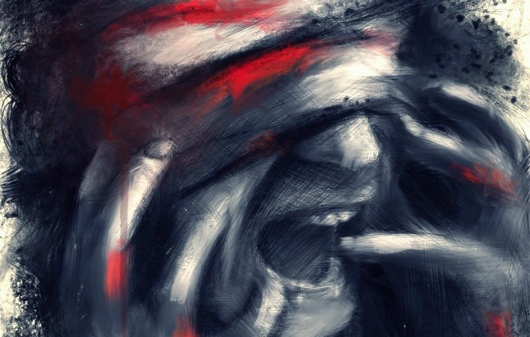 L'image présente une représentation artistique avec des couleurs sombres et des touches de rouge. On voit une silhouette humaine, le visage partiellement caché, exprimant une émotion intense. Les mains semblent porter une geste de désespoir ou de souffrance, et l'utilisation des couleurs crée une ambiance dramatique et expressive. L'ensemble de l'œuvre donne une impression de mouvement et d'intensité émotionnelle.