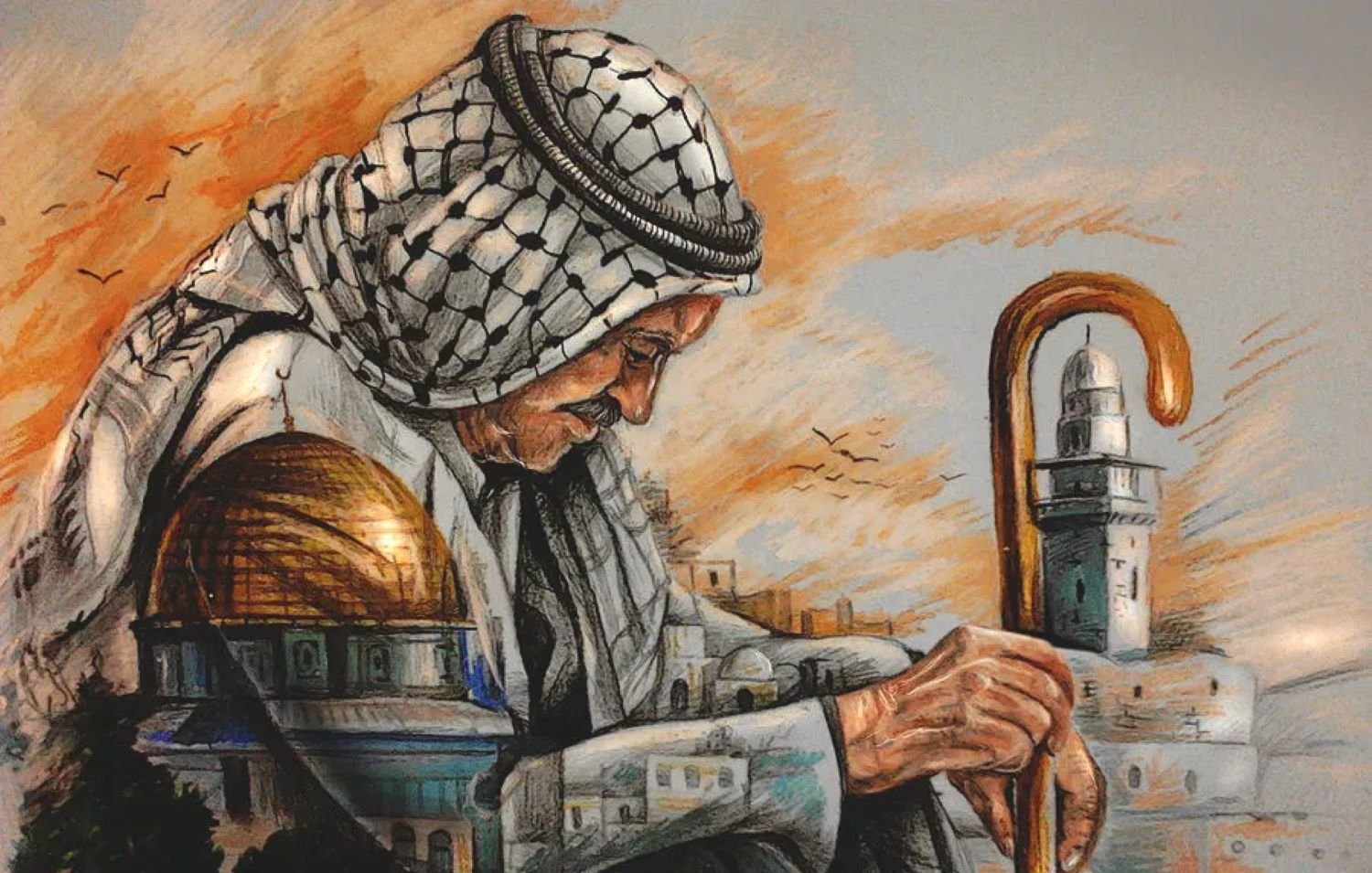 L'image représente un homme âgé portant un keffieh, symbole de l'identité palestinienne, assis avec une canne. Il semble pensif et mélancolique, regardant vers une scène architecturale emblématique, probablement liée à Jérusalem, avec la mosquée et des éléments de paysages urbains. Les couleurs de l'arrière-plan, mélangeant des tons chauds et terreux, évoquent une atmosphère de nostalgie et de réflexion sur l'histoire et la culture. L'artiste a ajouté des oiseaux en vol, ce qui pourrait symboliser la liberté ou l'espoir.